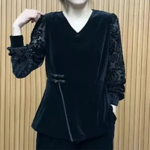 Women Velvet Velour Shirt Mesh Sleeve Tops Pullover V-neck Irregular Blouse - Picture 1 of 11