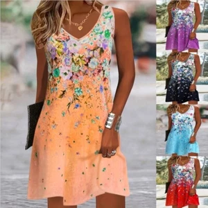 Holiday Sleeveless Summer Beach V Neck Boho Floral Ladies Tanks Dress PLUS SIZE - Picture 1 of 12