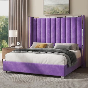 Queen Bed Frame with 58" Tall Headboard, Velvet Upholstered Platform Bed with Ch - Picture 1 of 12