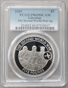 GIBRALTAR SILVER PROOF £5 5 POUNDS COIN 2009 KM#1436 SECOND WORLD WAR PCGS PR69 - Picture 1 of 2
