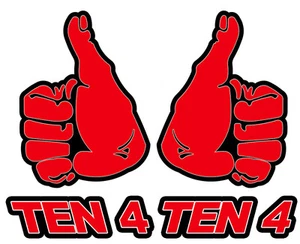 TEN 4 THUMBS UP DECAL STICKER  RED 100MM H BY 61MM W CONTOUR CUT LEFT & RIGHT - Foto 1 di 1