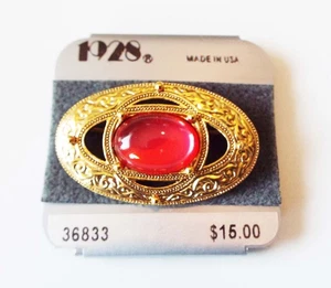 1928 JEWELRY CO VIKTORIANISCHER ROSA STEIN OVALER CABOCHON FILIGRAN GOLDFARBENE ANSTECKNADEL NEU - Bild 1 von 2
