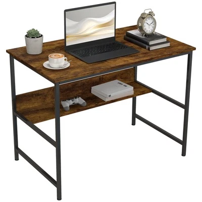 HOMCOM 2-Tier Writing Desk Metal Frame with Storage Shelf Rustic Brown - Image 1 of 4