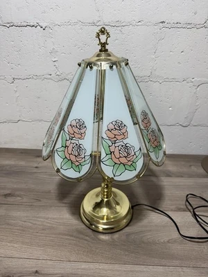Vintage Brass Frosted Glass 8 Panel Blue Floral 3 Arm Touch 3 Way Lamp 22" x 14" - Image 1 of 4