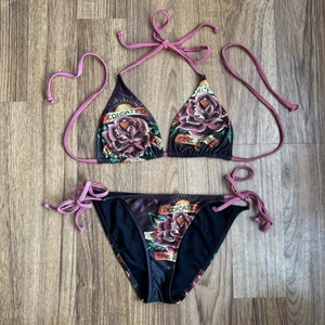 ED HARDY Vintage Y2K Rare Black Pink Dedicated Rose Edgy String Bikini Set - Picture 1 of 13
