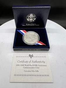 1991/95 World War II 50th Anniversary $1 Silver Dollar MS/UNC Coin w/ Box & COA - Picture 1 of 6