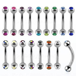 20G 18G 16G 14G Double Gem Surgical Steel Curved Barbell Eyebrow Ring Ear Tragus - Picture 1 of 6