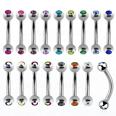 20G 18G 16G 14G Double Gem Surgical Steel Curved Barbell Eyebrow Ring Ear Tragus - Image 1 of 4