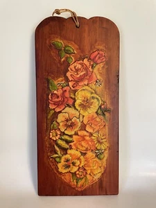 Vtg Hand Carved Oil on Wood Floral "Garden Fair" Wall Hanging Frances Kell - Picture 1 of 7