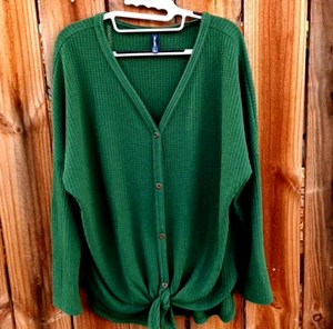 IWOLLENCE Women's Green Waffle Knit Tunic Blouse Tie Knot Henley Top  L NWOT - Picture 1 of 4
