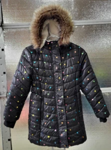 Cat Jack - Girls Winter- Puffer Jacket - 6- 6x -Black Polkadot - Faux Fur Hood - Picture 1 of 6