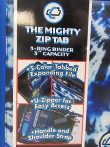 The Mighty Zip 3 Ring Binder 3" 5 Color Tabbed Tie Dye Blue w/ Handle & Strap