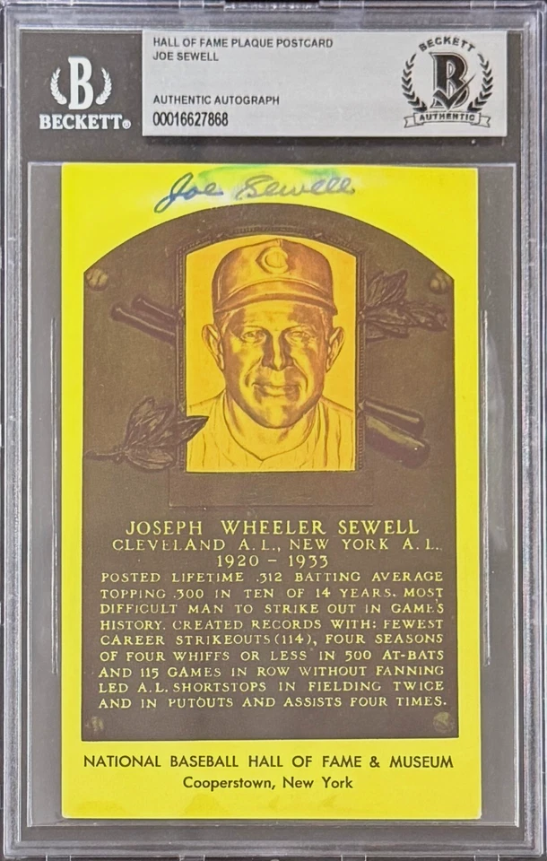 Joe Sewell Signed Autographed Hall of Fame Plaque Postcard Beckett 16627868 - Image 1 of 2