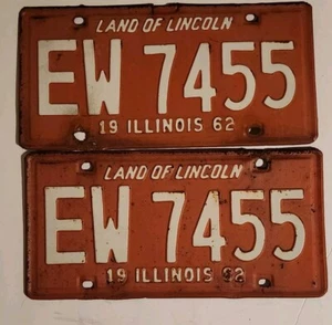 PAIR 1962 Illinois License Plates - "EW 7455" (white on orange) 1962 ILLINOIS - Picture 1 of 4