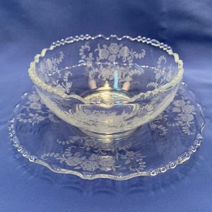 Vintage Tiffin Glass Rose Mayonnaise Bowl and Liner Plate Rambling Rose Etch - Picture 1 of 7