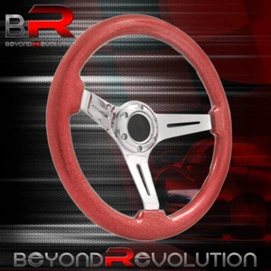 Red Wood 350mm Chrome Deep Dish 3 Spoke Heavy Duty Steel Steering Wheel + Button - Picture 1 of 5