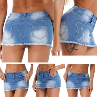 Sexy Womens Denim Mini Skirt High Waist Frayed_Hem Bodycon A-line Jean Skirts - Image 1 of 4