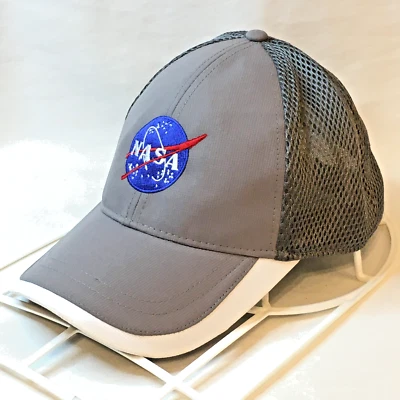 NASA Logo Hat Performance Technical Fit Grey Mesh Strap Back Cap White Brim Trim - Image 1 of 4