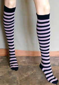Long Striped Stockings, Thigh Knee High Socks, NWOT, Black Stripe, Retro, CUTE! - Picture 1 of 2