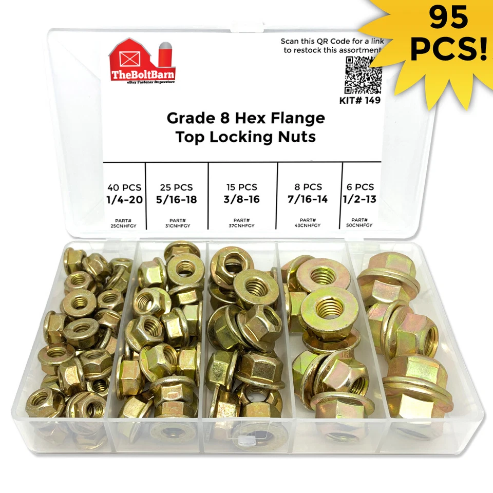 THE BOLT BARN 1/4 5/16 3/8 7/16 1/2 Hex Flange Lock Nut Grade 8 Yellow - Kit# 149 - 95 PCS