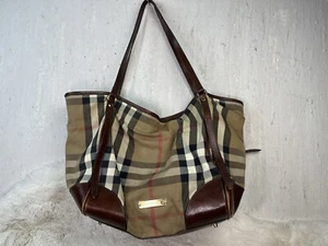 BURBERRY Brown Leather Nova Check Canvas Shoulder Tote Bag Authentic - Picture 1 of 24