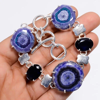 Pulsera hecha a mano de plata 925 con piedras preciosas de zafiro de cuarzo solar azul 6-8" ARB-1116 Foto 1 de 3