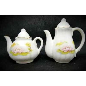 2 teteras miniatura vintage genuinas de hueso China Taiwán tetera pájaro amarillo floral - Imagen 1 de 4