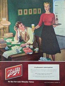 Anuncio impreso de cerveza Schlitz 1952, haciendo impuestos sobre la renta interrupción agradable de la esposa - Imagen 1 de 1