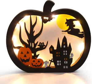 Halloween Wooden Table Sign Light Up Pumpkin Table Centerpiece Topper Decor - Picture 1 of 8