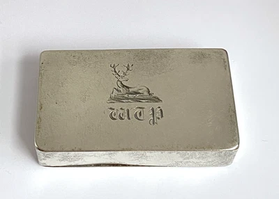 Antique c1890s Nickel Silver Striker Vesta Box Fine Engraved Stag Crest Lid WTP - Image 1 of 4
