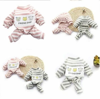 Cat Clothes Pet Puppy Costume Apparel French Stripe Dog Pajamas Jumpsuit Bulldog - Image 1 of 4