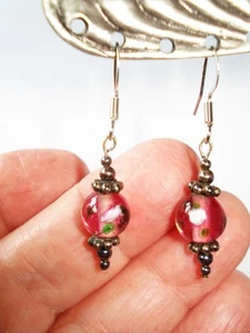 1 5/8" Rose Lampwork 8mm Glass Bead and Bali Sterling Daisy Bead Hook Earrings - Picture 1 of 3