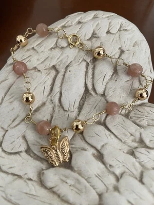 Wire Wrapped Faceted Sunstone And Gold Beads Bracelet. - Image 1 of 3