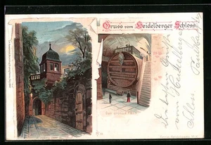 Lithographie Heidelberg, Aufgang zum Burghof, Das grosse Fass 1899 - Picture 1 of 2