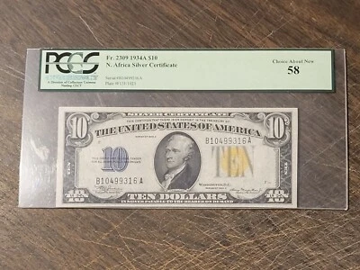 1934A $10 N. Africa Silver Certificate - PCGS Graded: Choice 58 - B10499316A - Image 1 of 4