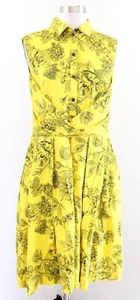 Lela Rose Yellow Black Floral Print Fit and Flare Shirt Dress Size 8 Ruched - Picture 1 of 9
