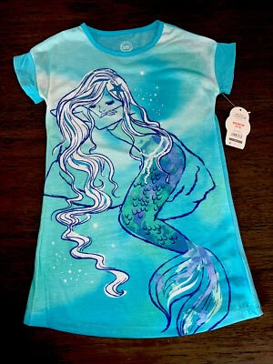 Girls Aqua Blue Green Sparkle Mermaid Seashell Pajamas Sleep Shirt Nightgown 4/5 - Image 1 of 3