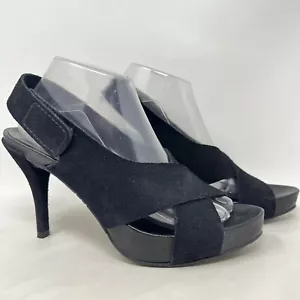 Pedro Garcia libby black Suede Cross Strap Slingback Heels Peep Toe 39.5 US 9 - Picture 1 of 12