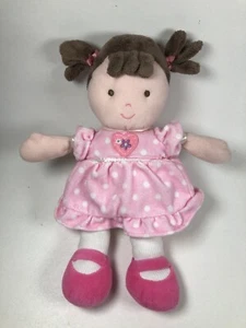 Carters Child Of Mine Plush Doll Rattle 10” Pink Polka Dot Dress Brown Hair  - Picture 1 of 10