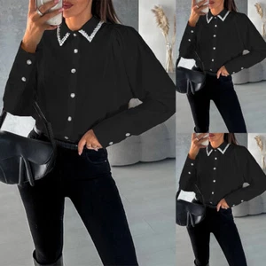 Women Casual Blouse Button Collar T-Shirt Ladies Breads Baggy Long Sleeve Tops - Picture 1 of 14