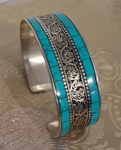 Beau Large Argent Bracelet De Népal Turquoise, Filigrane Main - Imagen 1 de 2