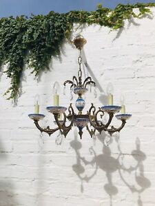 Antique BLUE Capodimonte Chandelier, Electrified Candle, Bronze Arms, Crystals
