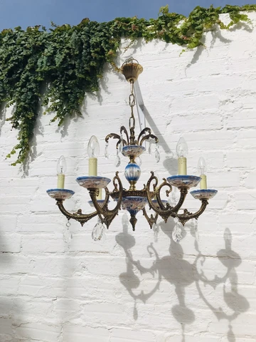 Antique BLUE Capodimonte Chandelier, Electrified Candle, Bronze Arms, Crystals Cover