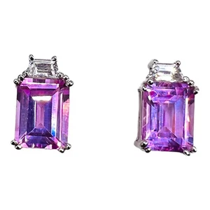 10k White Gold Emerald Cut Pink White Stone Stud Women Earrings - Picture 1 of 10