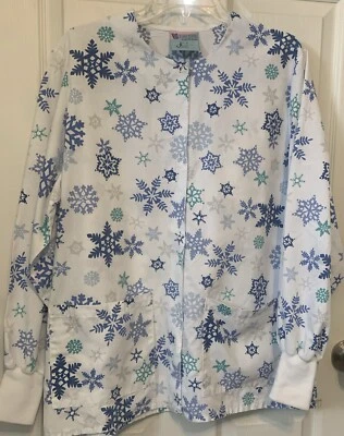 Medical Scrubs By White Swan Top Womens Med SNOWFLAKES Snap Front Long Sleeve - Image 1 of 4
