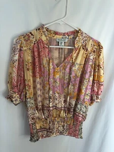 Blusa Top Rachel Zoe Satinado Talla M Rosa Multi Boho Corbatas Cintura Elástica - Imagen 1 de 4