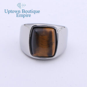 Tigers Eye Gemstone Men's Stainless Steel Rectangle Ring Band Size:8-13#AAG