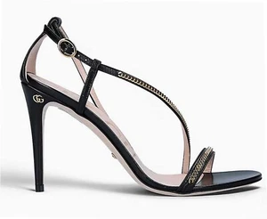 GUCCI Sandals GG Logo Black Leather Chain Trim Shoes Sz 39.5 Fits Sz 8.5 Heels - Picture 1 of 9