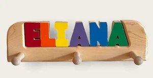 Personalized Wooden Name Puzzle "ELIANA" Wall Mount Coatrack w/ 3 Hooks Handmade - Picture 1 of 10