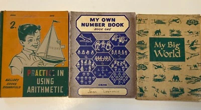 Three Vintage Children's School Workbooks, 1948, Geography and Arithmetic Foto 1 de 4
